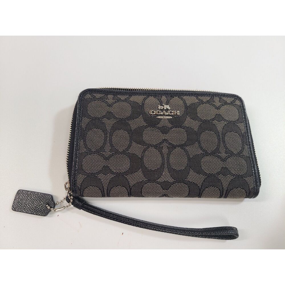 Coach Signature Canvas Long Zip Around Wallet Wristlet Black Grey